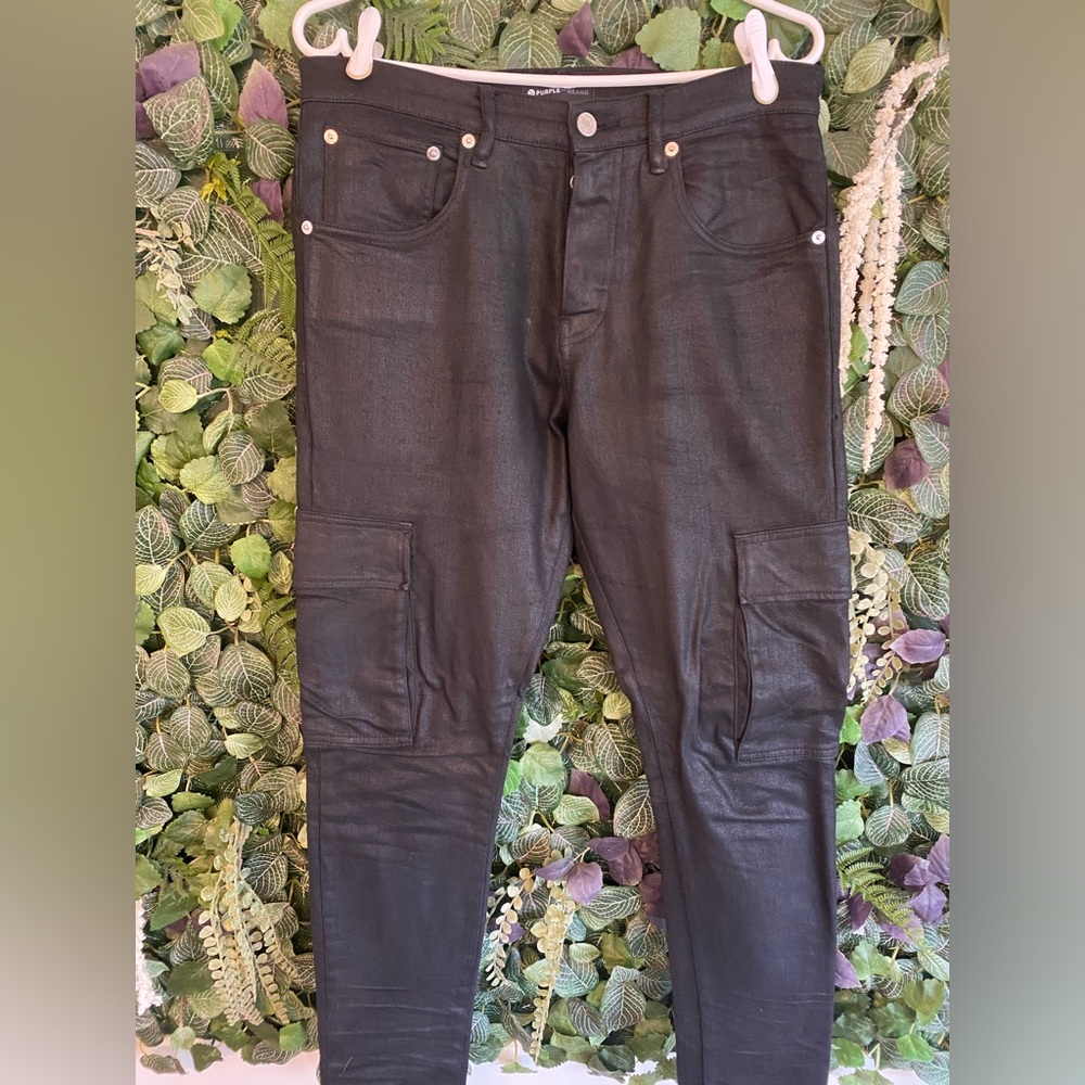 Purple Brand denim black “tar coated” cargo jeans